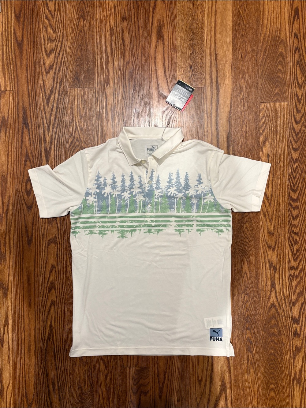 Puma White Polo with Blue & Green Tree Stripe Graphic